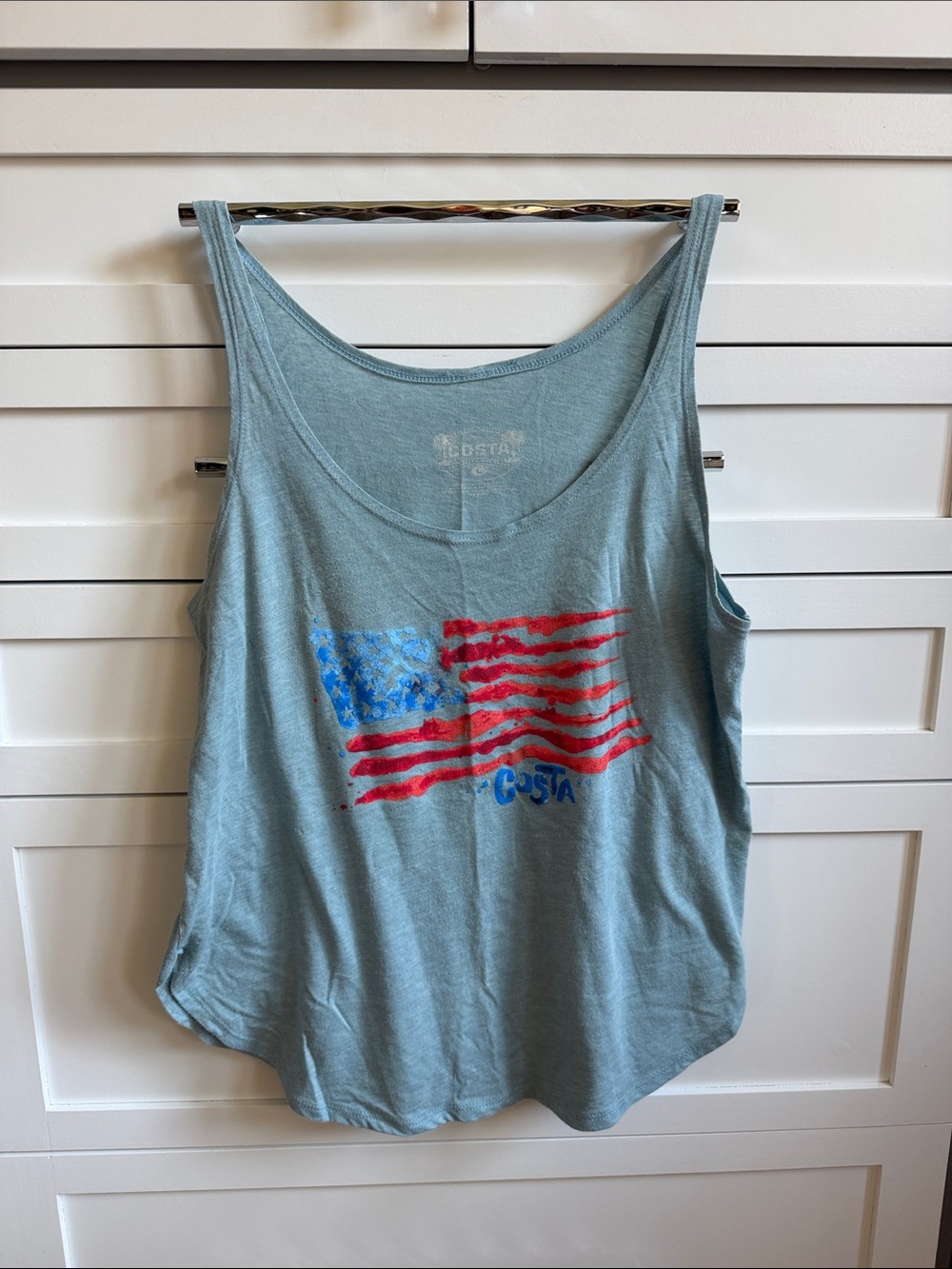 Costa Pale Blue Tank Top with Red & Blue Flag Graphic